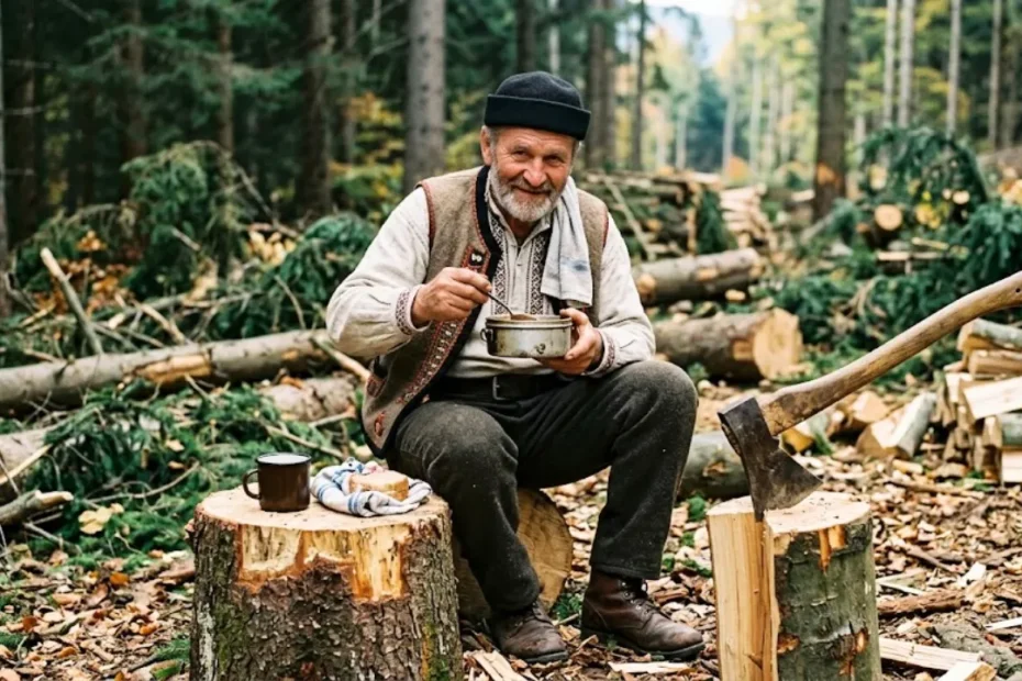 nárečia 35, starší pán drží ešus v ruke a obeduje v lese