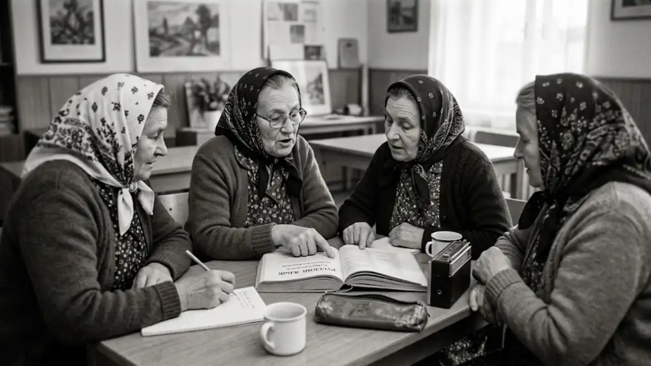 ruština 3 seniorky sa učia ruský jazyk s učebnicou ruštiny